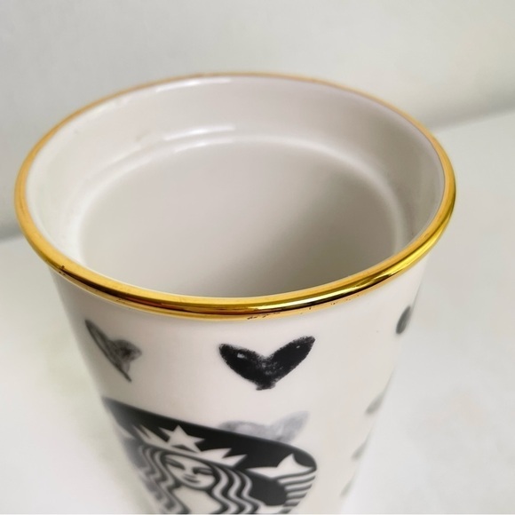 STARBUCKS Vintage 2014 Black Hearts White Ceramic Tumbler Gold Rim Collectible - Picture 7 of 8